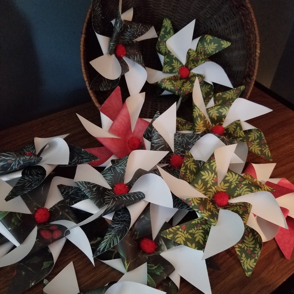 Bundle of (13) Handmade Winter Berry inspired Pinwheels w/shimmer red pom poms